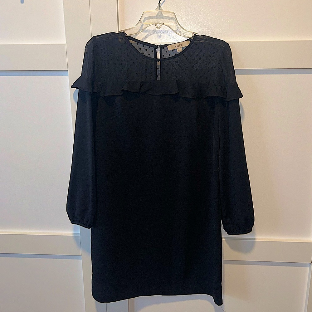LOFT Black Long Sleeve Ruffle Dress
